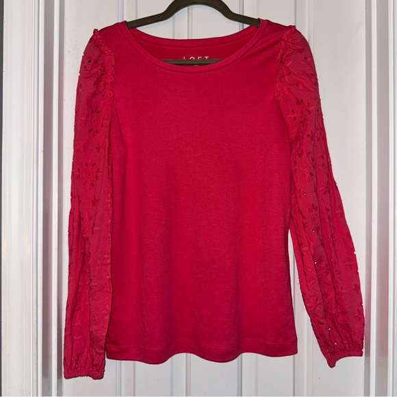 LOFT Pink Eyelet Round Neck Puff Long Sleeve Knit Top Shirt S - Picture 2 of 11